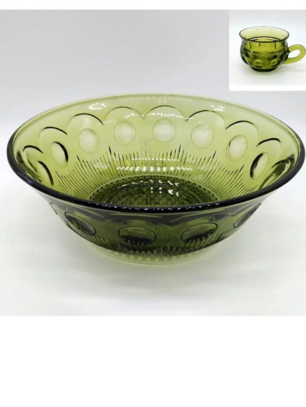 Vintage Bartlett Collins Green Glass Serving Bowl & FREE CUP